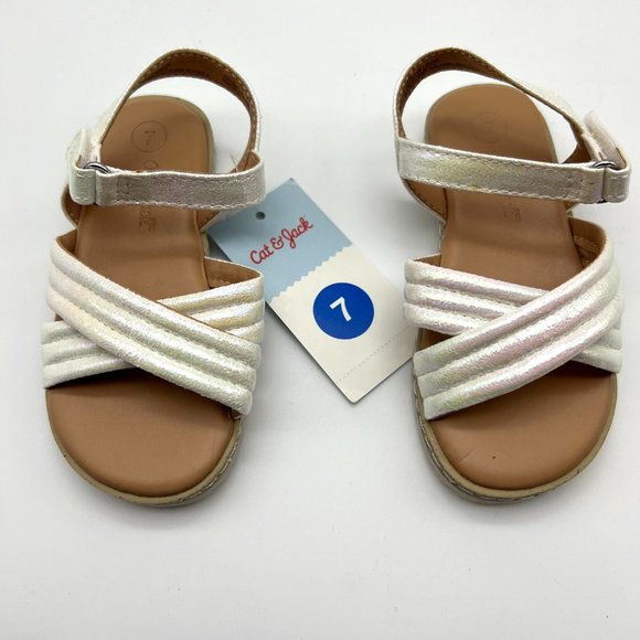 Toddler Girl's White Iridescent Sandals Sz 7 Velcro Closure Padded Straps - Picture 2 of 4